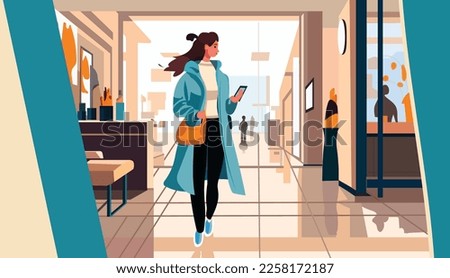 young girl in casual clothes using smartphone beautiful woman in modern office corridor horizontal