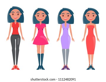 Young girl in casual and elegant outfits. Brunette wears dresses or skinny leather pants. Modern women with fashionable looks vector illustrations.