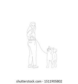 Young girl in casual outfit is walking with a shiba inu dog on a leash. Isolated on white background. Flat style monochrome black and white cartoon stock vector illustration.