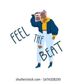Young girl in casual style with boombox and hand drawn phrase : feel the beat. Card design, template. Vector flat illustration