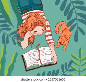 Young girl with cat in the garden. Girl  reads a book. Nature landscape background. Summer holidays illustration. Vacation time