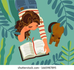 Young girl with cat in the garden. Girl  reads a book. Nature landscape background. Summer holidays illustration. Vacation time