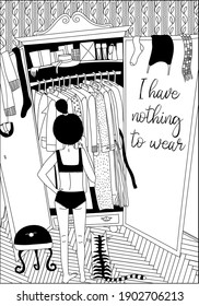 Young girl with cat standing in front of wardrobe with clothes and trying to choose outfit.Nothing to wear concept. Cartoon black and white  vector illustration in hand draw style.