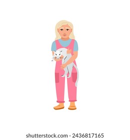 Young girl with cat vector illustration portrait. Playing with pets, spending time with cat concept