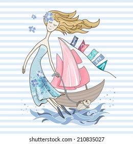 Young girl with catfish and ship with red sails on striped background