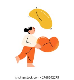 Young girl cathing flying pillow during fight at home vector illustration