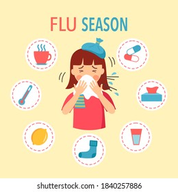 Young girl caught cold flu or virus. She sneezing in handkerchief and has fever. Ways to treat illness in a circle around concept vector illustration. Flu disease and season allergy.	
