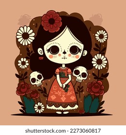 Niña celebra la celebración mexicana del Día de los Muertos. Gráficos vectoriales. Ilustración para un niño. Niña joven sonriente y alegre.