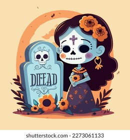 Young girl celebrates the Mexican celebration of Dia de los Muertos. Vector graphics. Illustration for a child. Smiling, cheerful young girl.