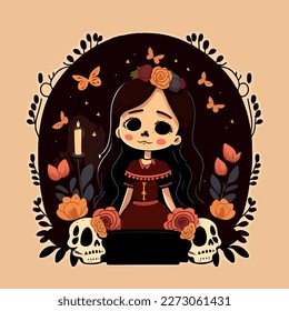 Young girl celebrates the Mexican celebration of Dia de los Muertos. Vector graphics. Illustration for a child. Smiling, cheerful young girl.