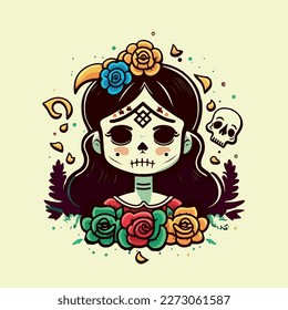 Young girl celebrates the Mexican celebration of Dia de los Muertos. Vector graphics. Illustration for a child. Smiling, cheerful young girl.