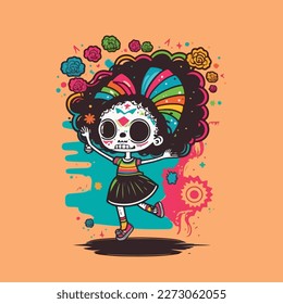 Young girl celebrates the Mexican celebration of Dia de los Muertos. Vector graphics. Illustration for a child. Smiling, cheerful young girl.