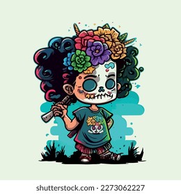 Young girl celebrates the Mexican celebration of Dia de los Muertos. Vector graphics. Illustration for a child. Smiling, cheerful young girl.