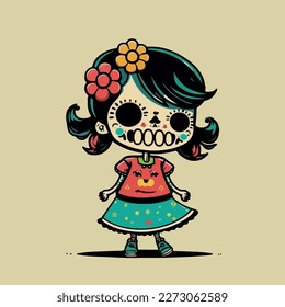 Young girl celebrates the Mexican celebration of Dia de los Muertos. Vector graphics. Illustration for a child. Smiling, cheerful young girl.