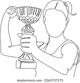Young Girl Celebrating Victory with Trophy - Cartoon Doodle Art, Continuous Line Drawing of Girl with Winning Trophy - Sketch Clipart, Victorious Girl Holding Trophy - Celebration Sketch Illustration