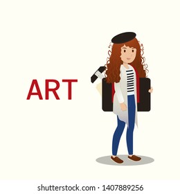 Young girl character art,The concept is the college character or university student holding art supplies