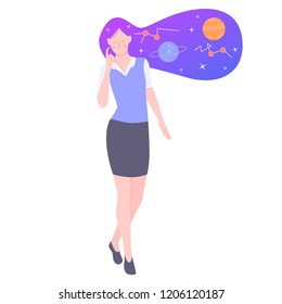 Young girl character. Astronomer. Starry sky in the hair. Conceptual illustration.