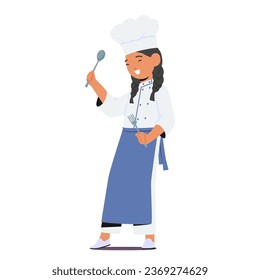 Young Girl Character, Dressed As A Chef, Confidently Wields A Spoon And Fork In Her Small Hands, Poised To Conquer Culinary Adventures With Youthful Enthusiasm. Cartoon People Vector Illustration