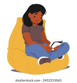 Young Girl Character Engrossed In A Book Sitting on Bean Bag, Her Eyes Wide With Wonder As She Explores Imaginary Worlds Through The Pages, Lost In Magic Of Reading. Cartoon People Vector Illustration