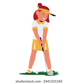 Personaje Joven Con Determinación Enfocada Practica Su Swing De Golf, Vestida Con Atuendo Deportivo En Medio De La Exuberante Expansión Verde De Un Campo De Golf. Entrenamiento de golfista infantil. Ilustración vectorial de personas de dibujos animados