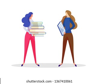 Young Girl Character with Heap of Books in Hands Speaking with Woman with File Folder Isolated on White Background. Student Communicating with Teacher. Cartoon Flat Vector Illustration. Clip Art.