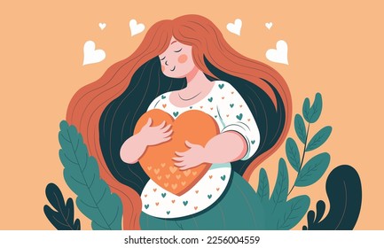 Young Girl Character Hugging A Heart On Leaves Decorated Pastel Orange Background. Happy Valentine's Day Concept.