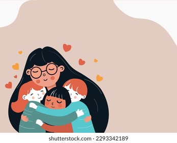 Young Girl Character Hugging Her Cute Kids With Hearts And Copy Space. Happy Teachers Day Concept.