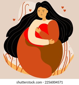 Young Girl Character Hugging A Red Heart On Beige Background. Valentine's Day Or Self Love Concept.
