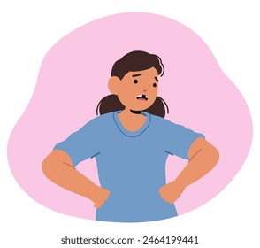 Young Girl Character Looks Surprised or Upset As She Displays Her First Missing Milk Tooth, Posing On Pink Background. Cartoon Vector Charming Illustration Captures A Quintessential Childhood Moment