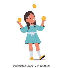Young Girl Character Masterfully Juggles Coins, Her Eyes Sparkling With Concentration. This Playful Moment Captures Essence Of Children Learning The Value And Management Of Money. Vector Illustration