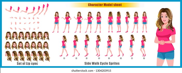 Young Girl Character Model Sheet With Walk Cycle Animation. Girl Character Design. Front, Side, Back View Animated Character. Character Creation Set With Various Views, Face Emotions,poses And Gesture