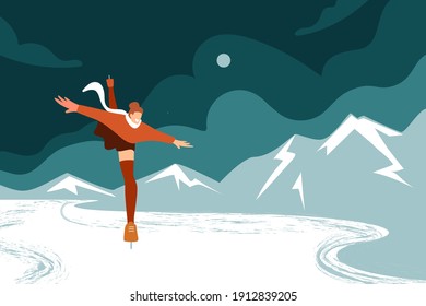 Junge Mädchenfigur auf dem Eistrick in Rockskaten auf dem Hintergrund einer abstrakten flachen Winterlandschaft. Frauen in Rock, Wintersport.