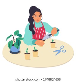 A young girl character plants plants at home.The woman holds in her hands the shovel the garden,grow plants and enjoys gardening.Care for indoor plant.Hobby.Vector illustration in a flat cartoon style