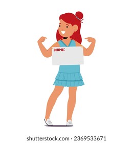 Young Girl Character Proudly Holds A Nameplate Showing on herself, Her Eyes Gleaming With Innocence And Curiosity, Embodying The Pure Essence Of Childhood Wonder. Cartoon People Vector Illustration