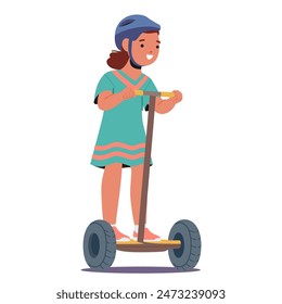 Young Girl Character Riding A Segway While Wearing A Dress And Helmet Isolated On White Background. Cartoon Vector Illustration Captures The Essence Of Childhood Play, Freedom, And Safety