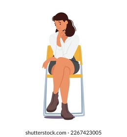 Young Girl Character Sitting On Chair, Looking Pensive And Lost In Thought Isolated on White Background. Emotions, Mental Health, Or Personal Introspection Concept. Cartoon People Vector Illustration