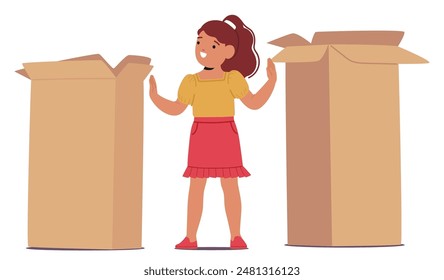 Young Girl Character Standing Between Two Large Cardboard Boxes, Demonstrating Prepositions Of Place. Vector Image Showcases A Playful And Educational Scene, For Teaching Grammar Concepts To Kids