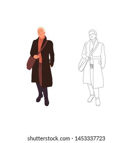 Young girl character standing in casual warm outfit. Isolated on white. Flat style colorful and monochrome cartoon stock vector illustration.
