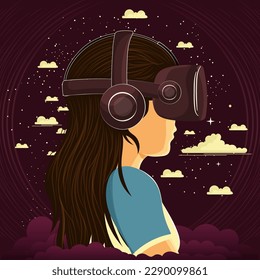 Young Girl Character Wearing VR Headset On Dark Pink Clouds Background.
