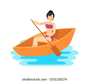 Young girl characters on boat and holding oar. Summer water sport activity leisure and boating lessons vector illustration isolated on white background