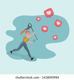 young girl chasing hearts and likes on her social media profile. Social media concept