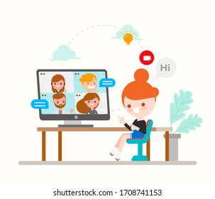 Young girl chatting with her friends and family online by video call app with laptop. Group chatting, Social media technology concept illustration. Flat design style cartoon character.