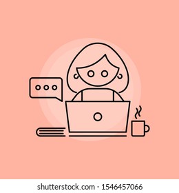 Young girl chatting on her laptop. Outline thin line flat illustration.