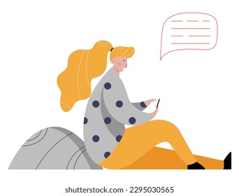 Young girl chatting use smartphone outdoor near stone line speech bubble vector flat illustration. Blonde teen female text message social network communication mobile phone digital display technology