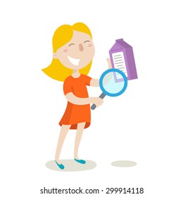 Young girl checking food labeling in supermarket. Flat illustration. Vector stock.