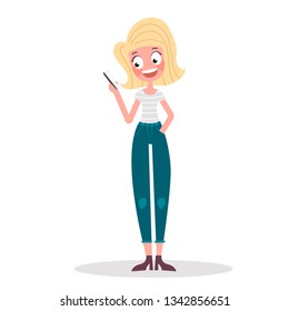 Young girl is checking own smartphone. Woman is scrolling news feed.Vector illustration on white background in cartoon style