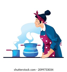 Young girl chef preparing dinner. The aroma of fresh food. Vector illustration, character design