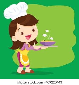 Young girl chefs cooking and serve big Bowl noodle
