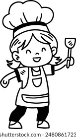 A young girl in a chef's hat and apron is holding a spatula. She is smiling and she is happy