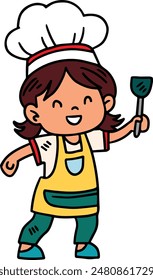 A young girl in a chef's hat and apron is holding a spatula. She is smiling and she is happy